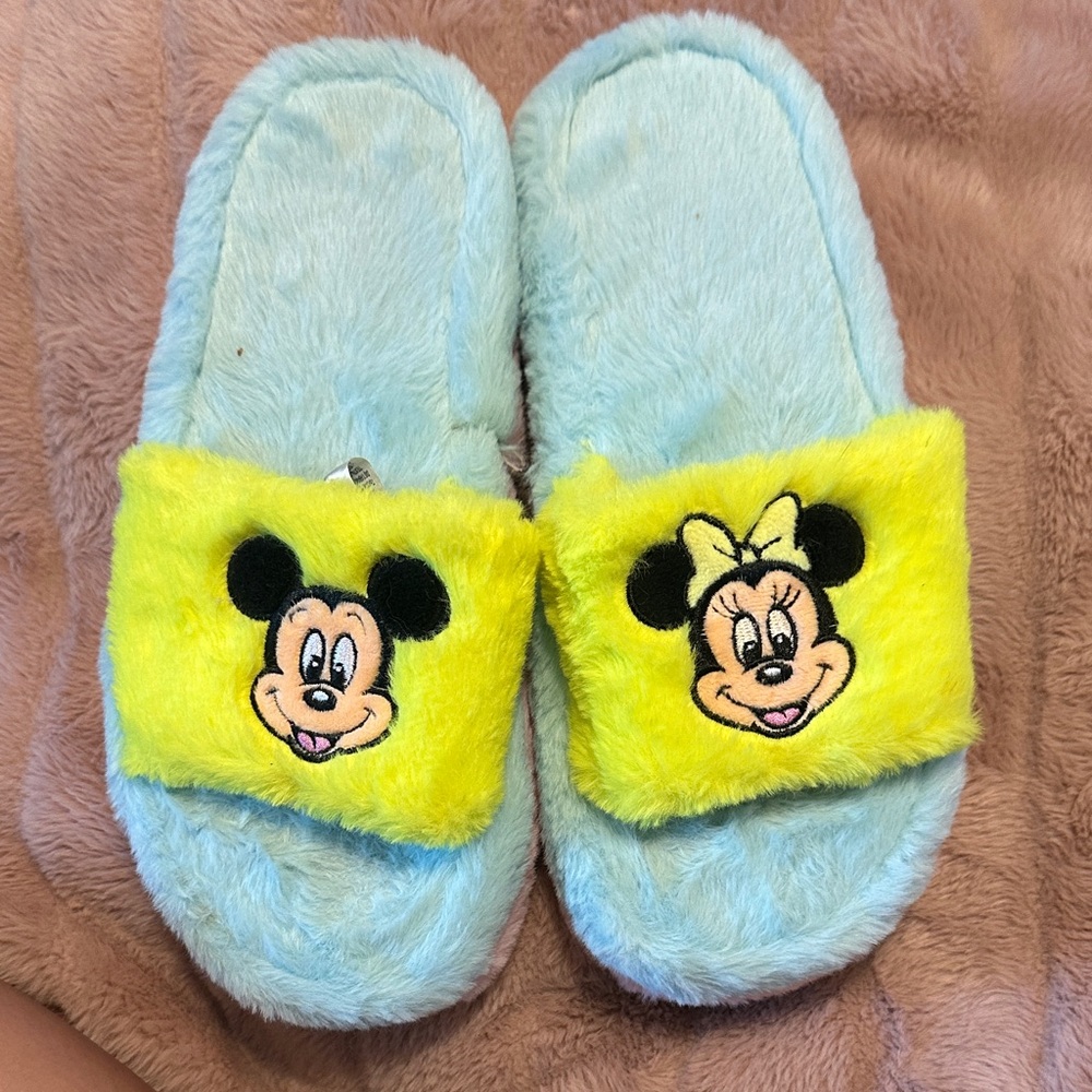 Mickey and Minnie Platform Fuzzy Slippers